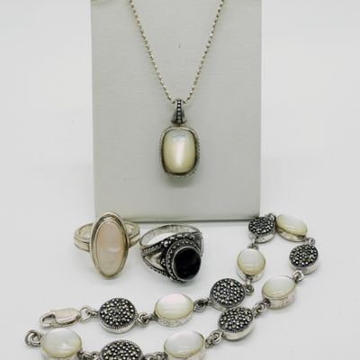 Sterling MOP & Onyx Necklace, Rings, Bracelet