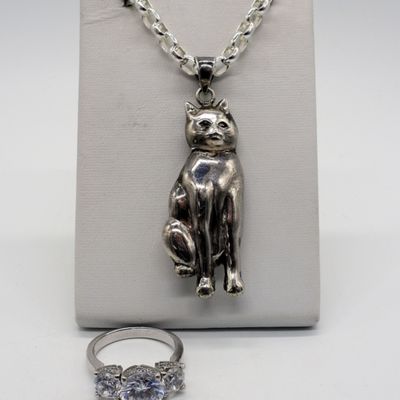 Sterling Cat Necklace & Fashion Ring