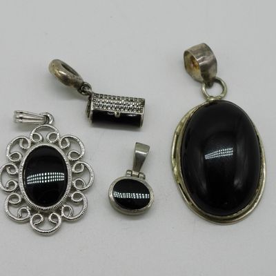 Four Sterling, Black Onyx Pendants