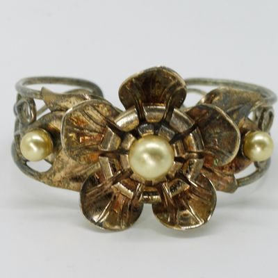 Pearl Floral Cuff Bracelet, Gold Tone Sterling