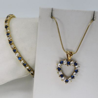 Simulated Sapphire 925 Gold Tone Set