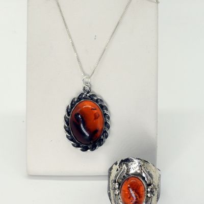 Sterling Silver Amber Pendant & Ring Set
