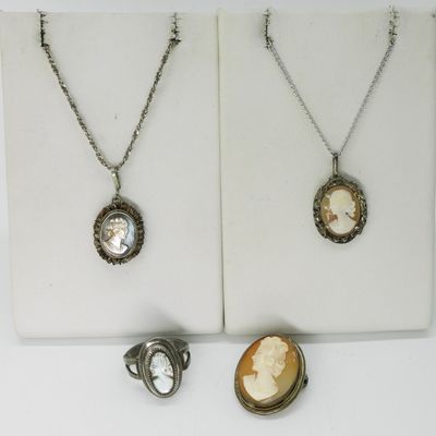 Sterling Cameo Lot: 2 Necklaces, Ring, Pin
