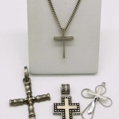Four Sterling Cross Pendants & Chain