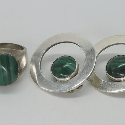 Taxco Sterling Malachite Ring & Earrings Set