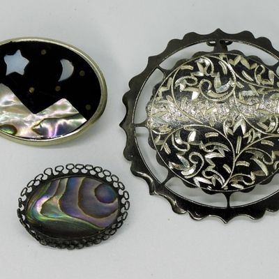 Sterling & Alpaca Abalone Brooch Lot, 3Pcs