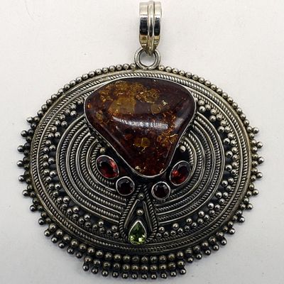 Large Ornate Sterling Amber Pendant