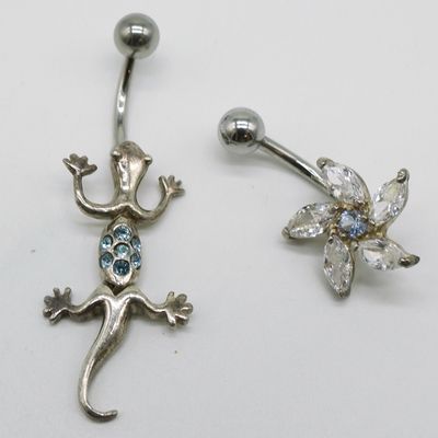 Two Sterling Belly Piercings, Gecko and Flower