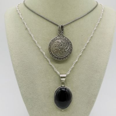 Two Sterling Silver Onyx Marcasite Necklaces