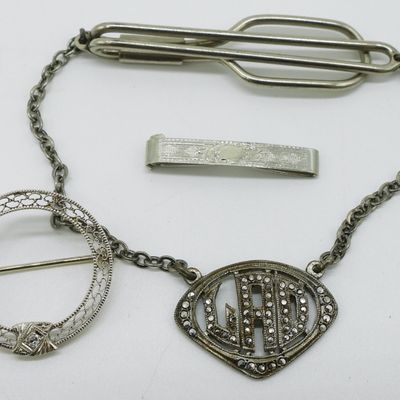 Sterling Silver Lot: Brooch, Tie Clip, Hair Clip