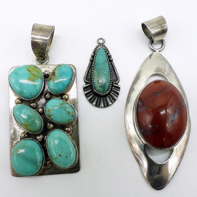Sterling Silver Pendant Lot, Turquoise & Jasper