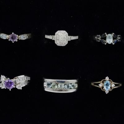 Six Sterling Rings, Diamond, Moissanite, Amethyst