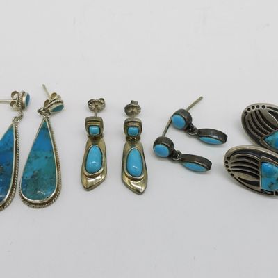 Four Pair Sterling & Turquoise Earrings