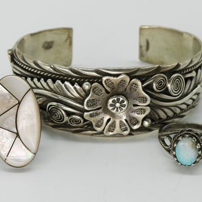 Navajo Sterling Cuff & 2 Rings, MOP & Opal