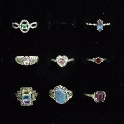 Eight Sterling Gemstone Rings