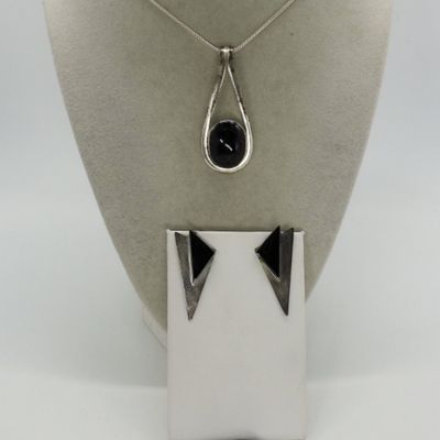 Black Onyx Sterling Necklace, Ring Set