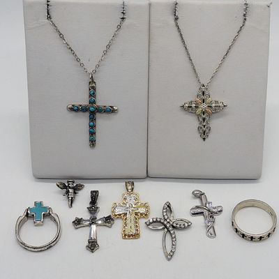 9 Sterling Cross Pendants and Rings