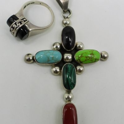 Large Southwest Style Sterling Cross Pendant & Rin