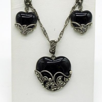 Black Onyx & Marcasite Matching Necklace & Earring