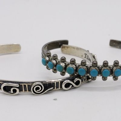 2 Sterling Cuff Bracelets, One Turquoise