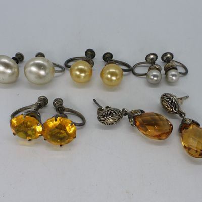 5 Vintage 925 Pearl & Rhinestone Earrings