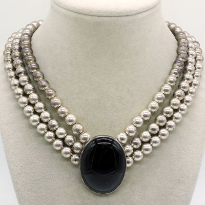 Sterling Silver Onyx 3-Strand Bead Necklace
