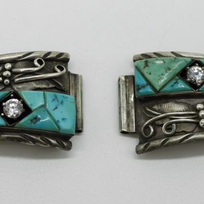 Sterling Turquoise Watch Ends, Marked E
