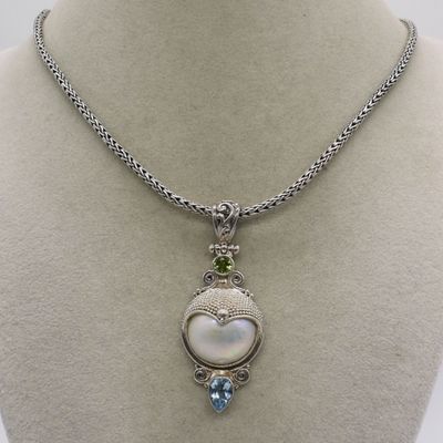Pearl, Peridot, Blue Topaz 925 Necklace