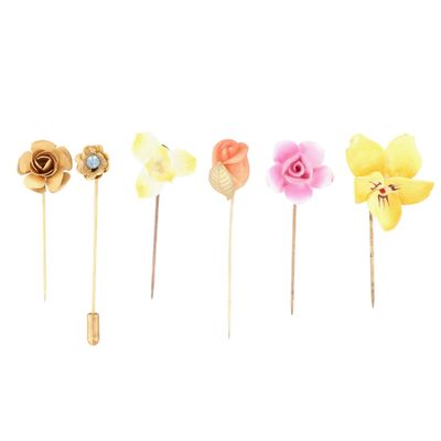 Gold Tone Ceramic Enamel Flower Stick Pin Lot