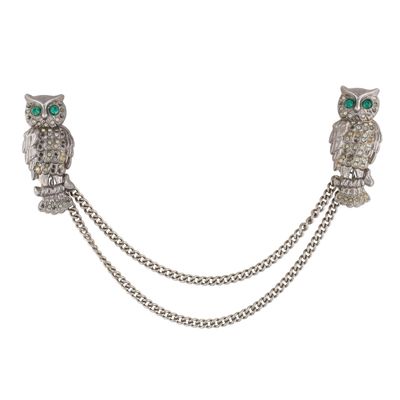 Silver Tone Rhinestone Chain Linked Owl Brooch