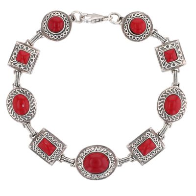 Signed Southwest Style Sterling Silver Coral Alternating Link Bracelet