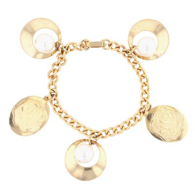 Gold Tone Metal Faux Pearl Dangle Chain Bracelet