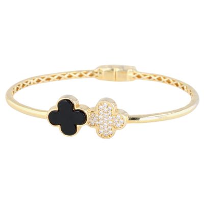 Signed Gold Over Sterling Silver CZ Faux Onyx Kira Clover Hinge Bracelet