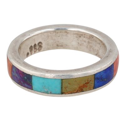 Southwest Sterling Silver Multi Gemstone Inlay Band Ring Size 6.75