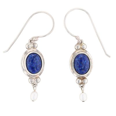 Coleman Co Sterling Silver Crushed Lapis Pearl Dangle Earrings
