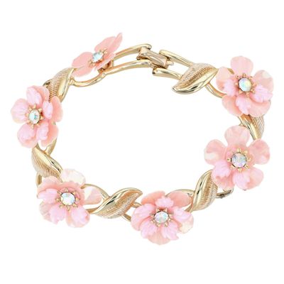 Coro Gold Tone Metal Rhinestone Floral Linked Bracelet