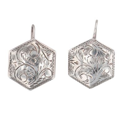 Siam Vintage Sterling Silver Engraved Hexagonal Drop Earrings
