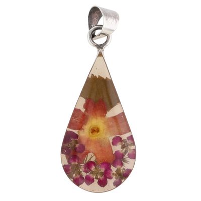 Signed Mexico Sterling Silver Resin Dried Flower Teardrop Pendant