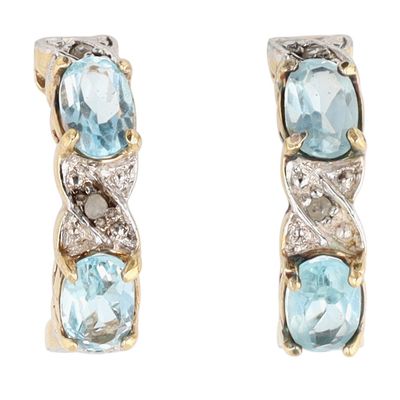 Signed Gold Over Sterling Silver Diamond Blue Topaz Huggie Stud Earrings