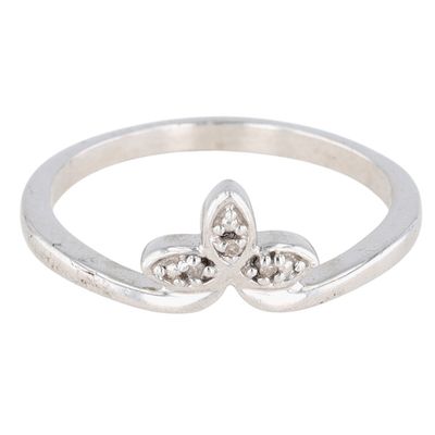 Signed Sterling Silver Diamond Three Petal Ring Size 9