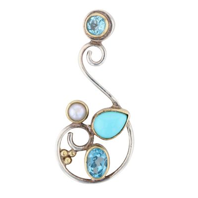 Signed 14K Yellow Gold Sterling Silver Multi Gemstone Swirl Pendant