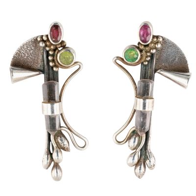 Handmade Sterling Silver Gold Over Silver Detail Multi Gemstone Modern Stud Earrings