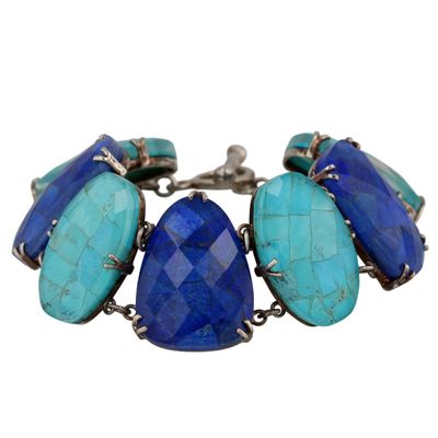 Whitney Kelly Sterling Silver Turquoise Lapis Faceted Crystal Link Bracelet