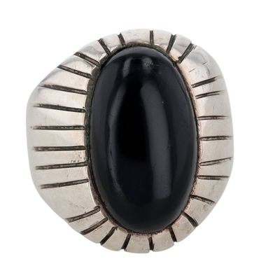 Mexico Sterling Silver Onyx Heavy Oval Sunburst Dome Ring Size 13