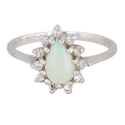 Regal 14K White Gold Opal Sapphire Teardrop Halo Ring Size 6.75