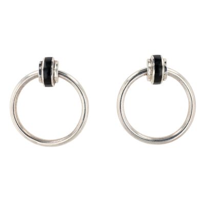 Sterling Silver Onyx Inlay Hollow Hoop Stud Earrings