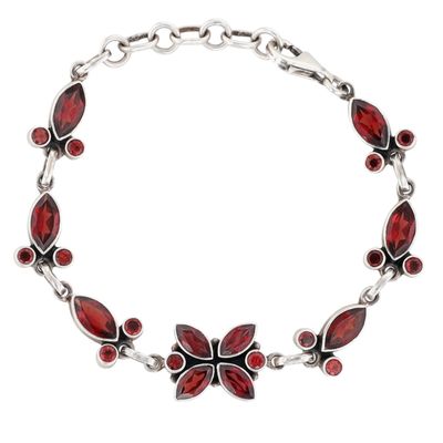 Signed Sterling Silver Garnet Floral Link Bracelet