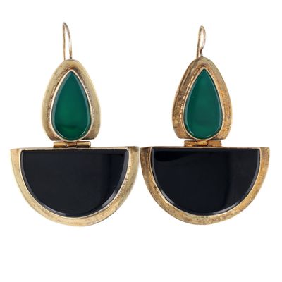 Gold Over Sterling Silver Two Tone Onyx Hinged Drop Earrings