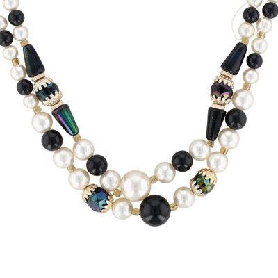 Japanese Gold Tone Metal Black White Beaded Double Strand Necklace
