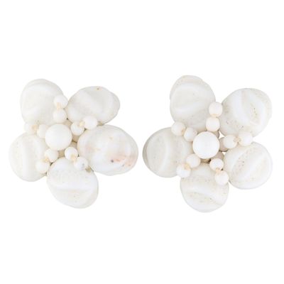 German Silver Tone White Lucite Bead Flower Earrings